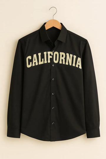 Men's Full Sleeve Cotton Shirt with 'California' Typography Casual Black Streetwear