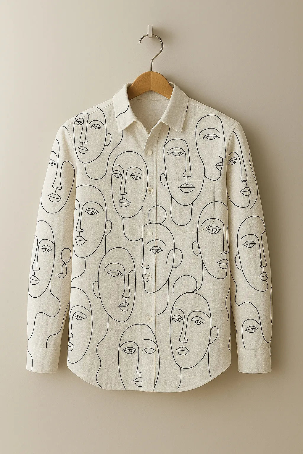 Men’s Cotton Shirt with Abstract Face Sketch Print – Full Sleeves