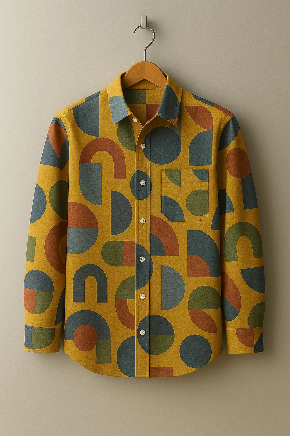 Men's Full Sleeve Cotton Shirt with Retro Yellow Geometric Print