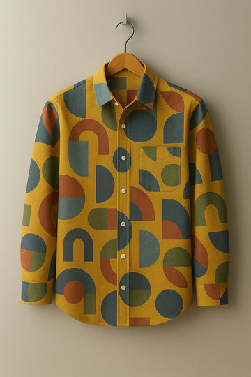 Men's Full Sleeve Cotton Shirt with Retro Yellow Geometric Print