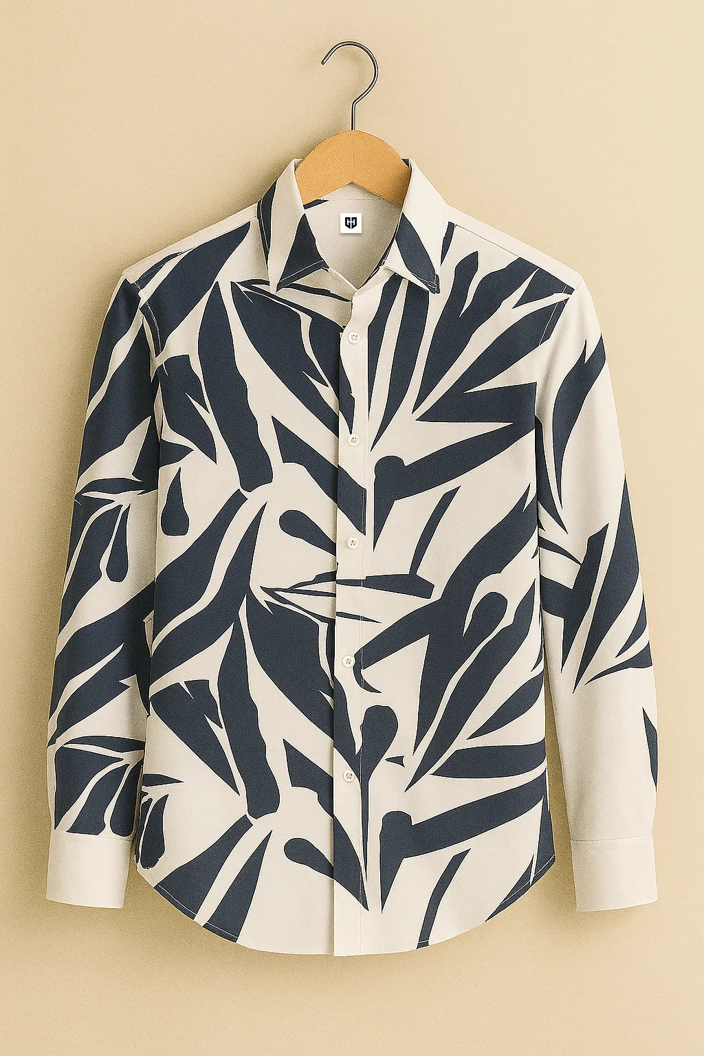Men's Premium Shirt with Bold Navy Tropical Leaf Silhouette on Off-White