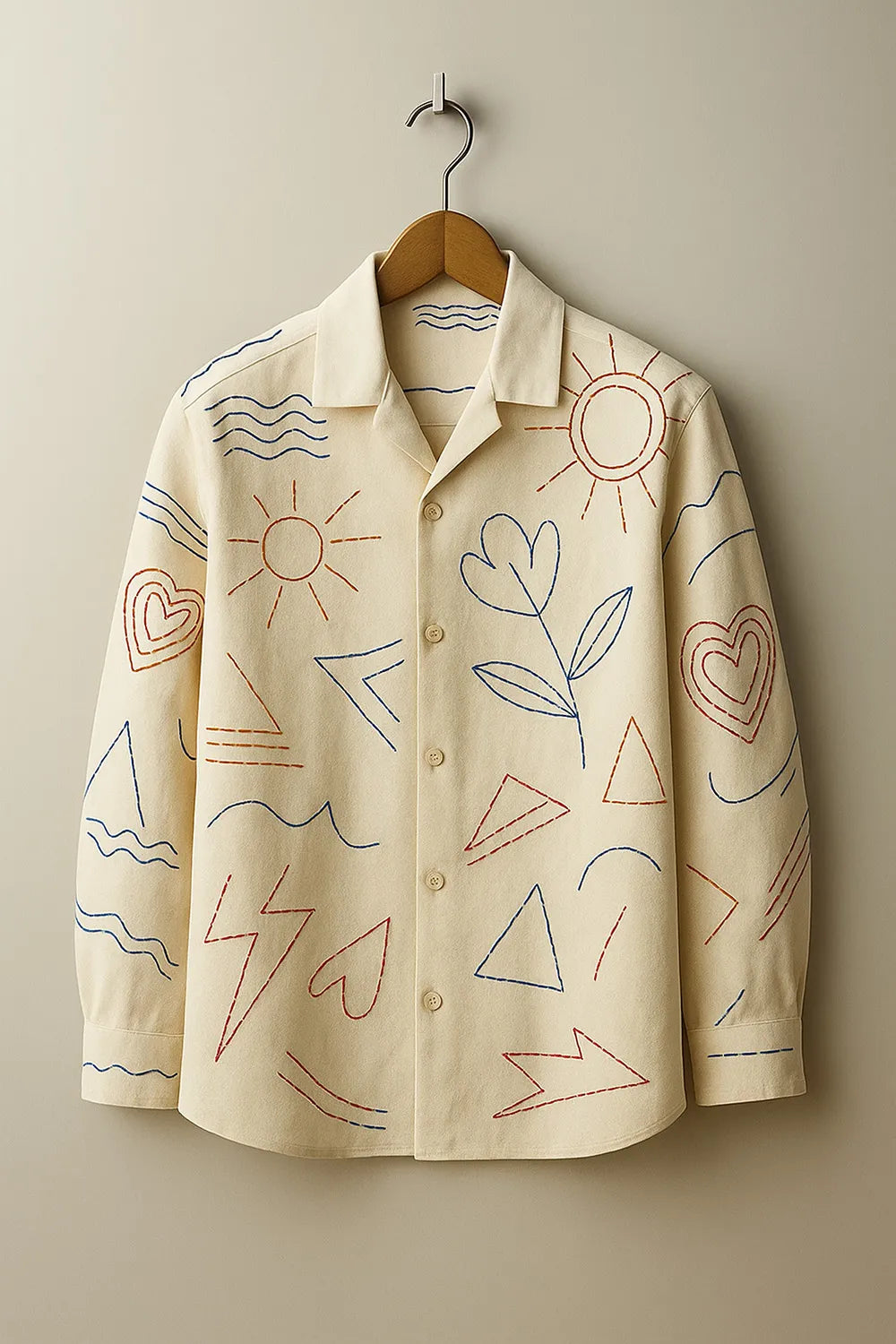 Men's Beige Cotton Full Sleeve Shirt with Unique Doodle Style Illustrations
