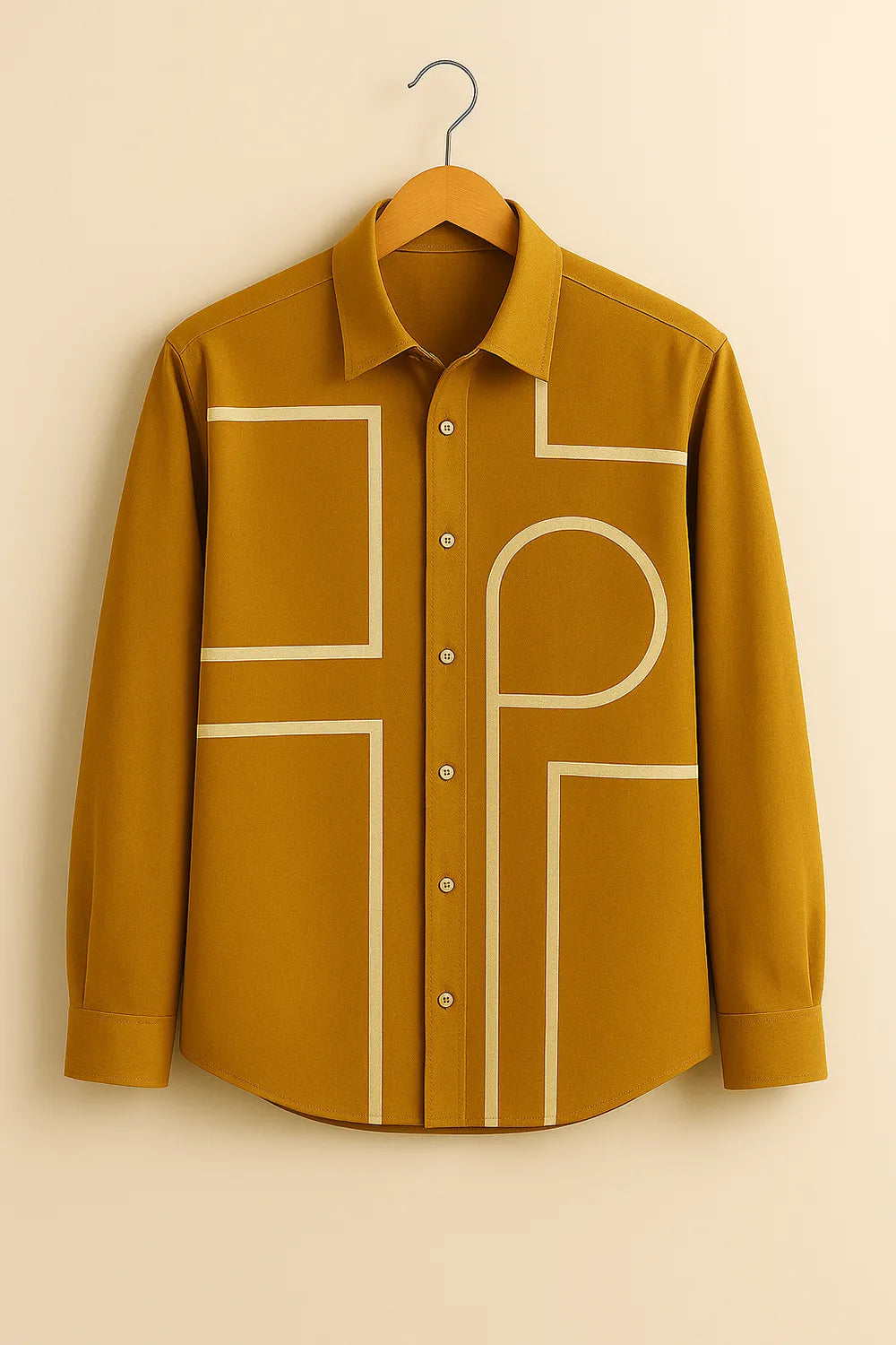 Men's Full Sleeve Cotton Shirt Featuring Bold Geometric Outline Pattern In Yellow Color