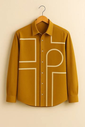 Men's Full Sleeve Cotton Shirt Featuring Bold Geometric Outline Pattern In Yellow Color