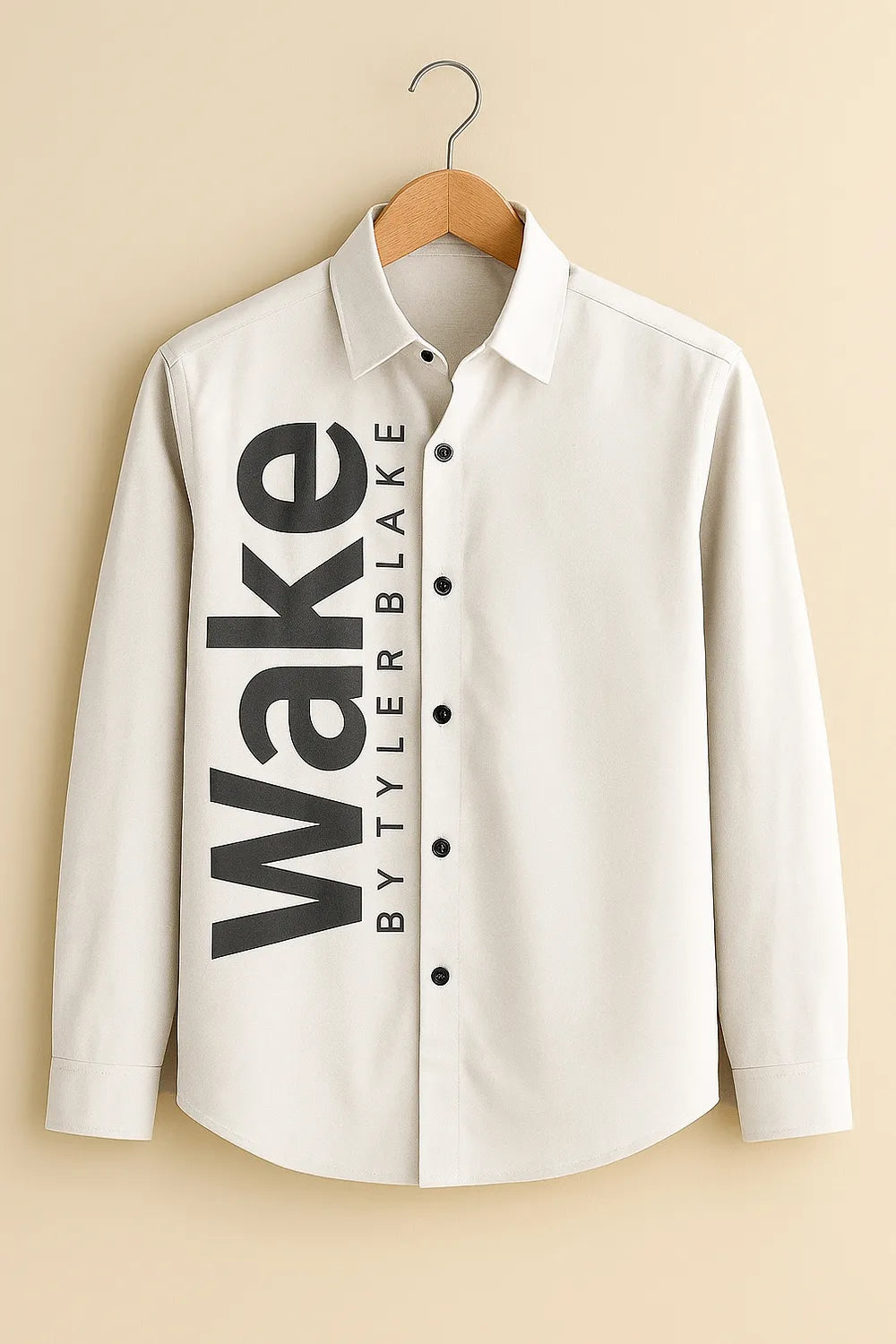 Men's Full Sleeve Cotton Shirt with Bold 'Wake by Tyler Blake' Typography