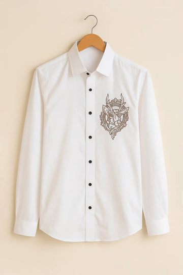 Men's Full Sleeve Cotton Shirt with Artistic Chest Embroidery Printed Feel
