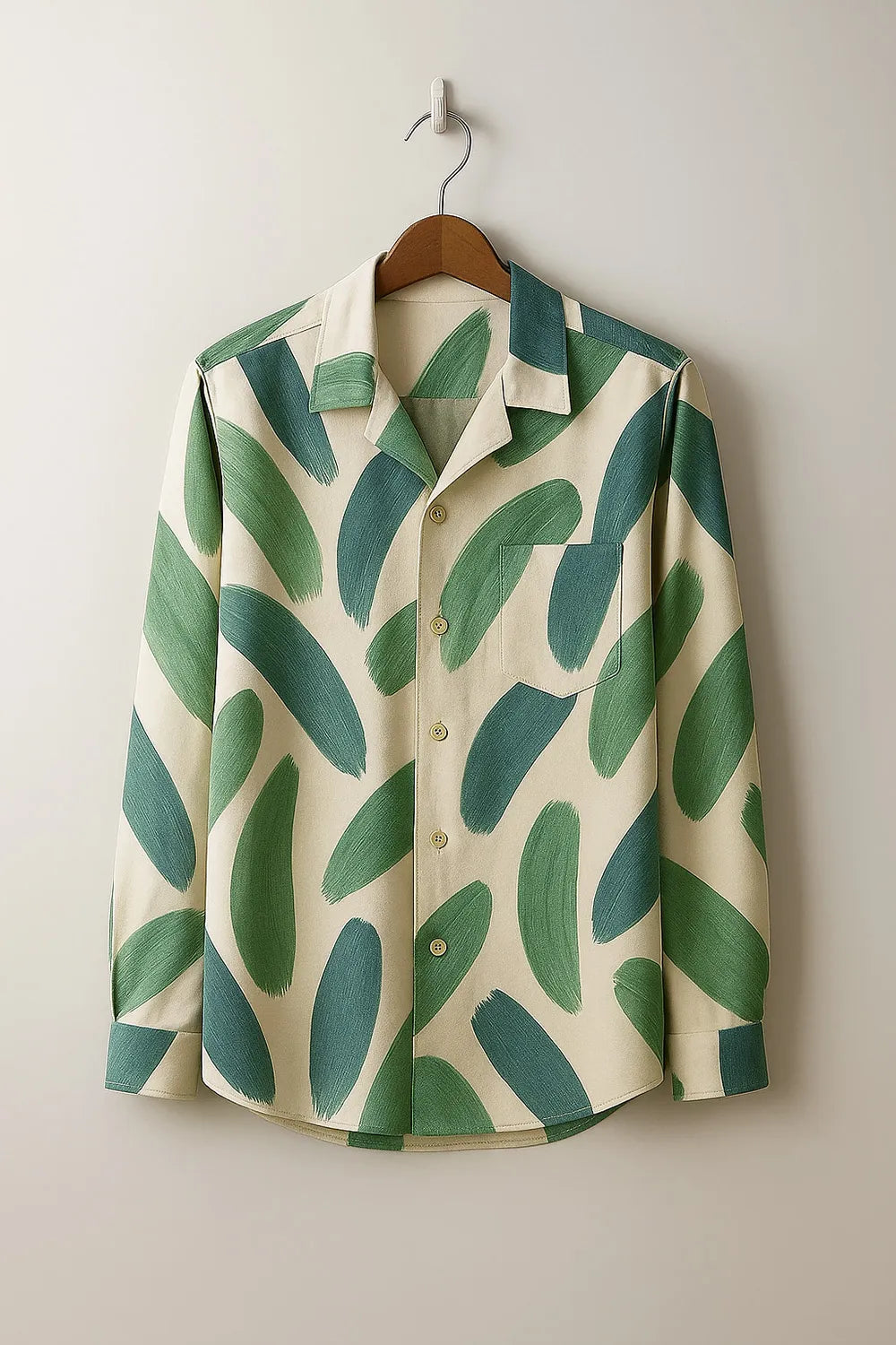 Men's Brushstroke Print Cotton Shirt in Green and Beige Full Sleeve