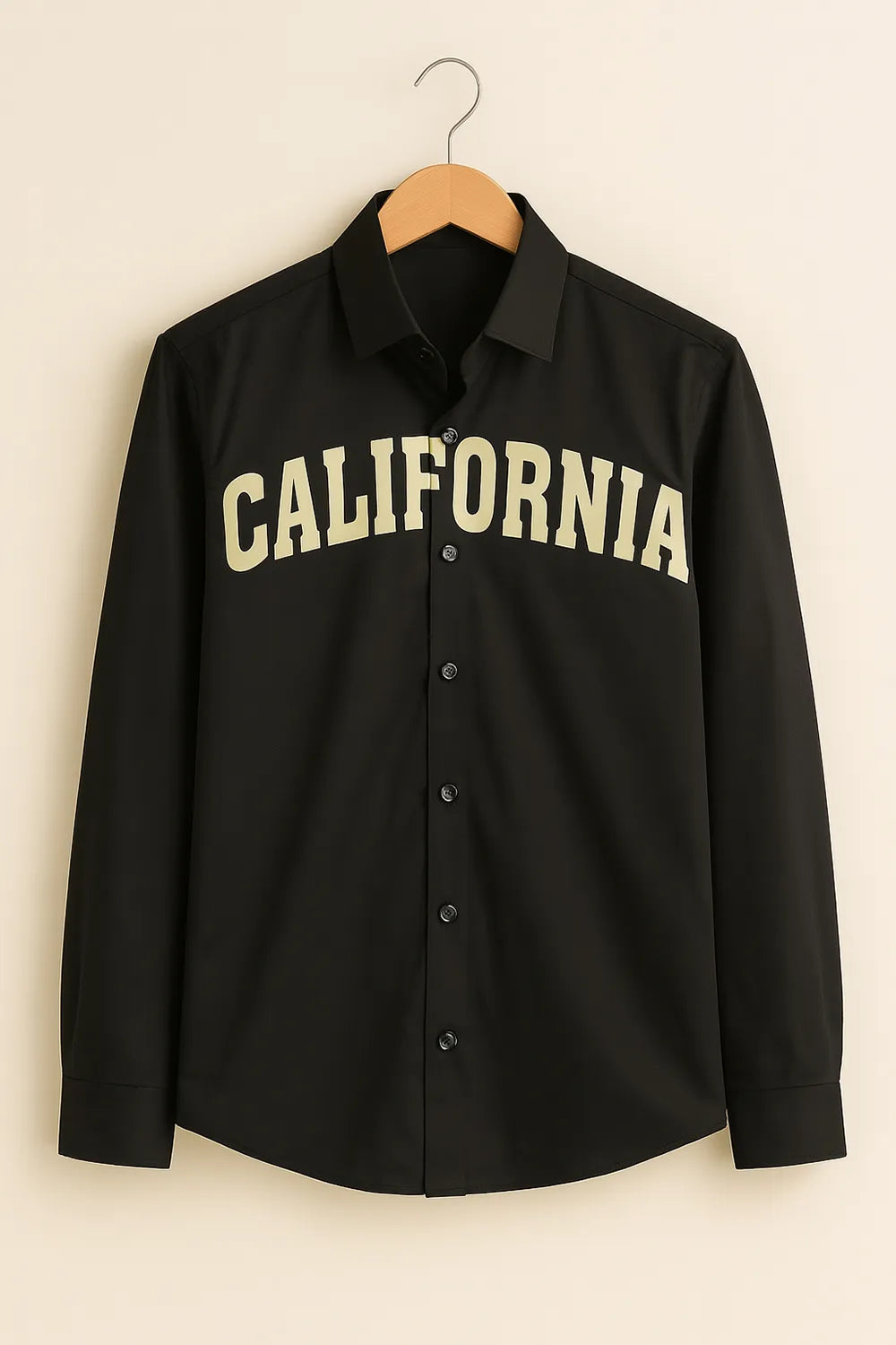 Men's Full Sleeve Cotton Shirt with 'California' Typography Casual Black Streetwear