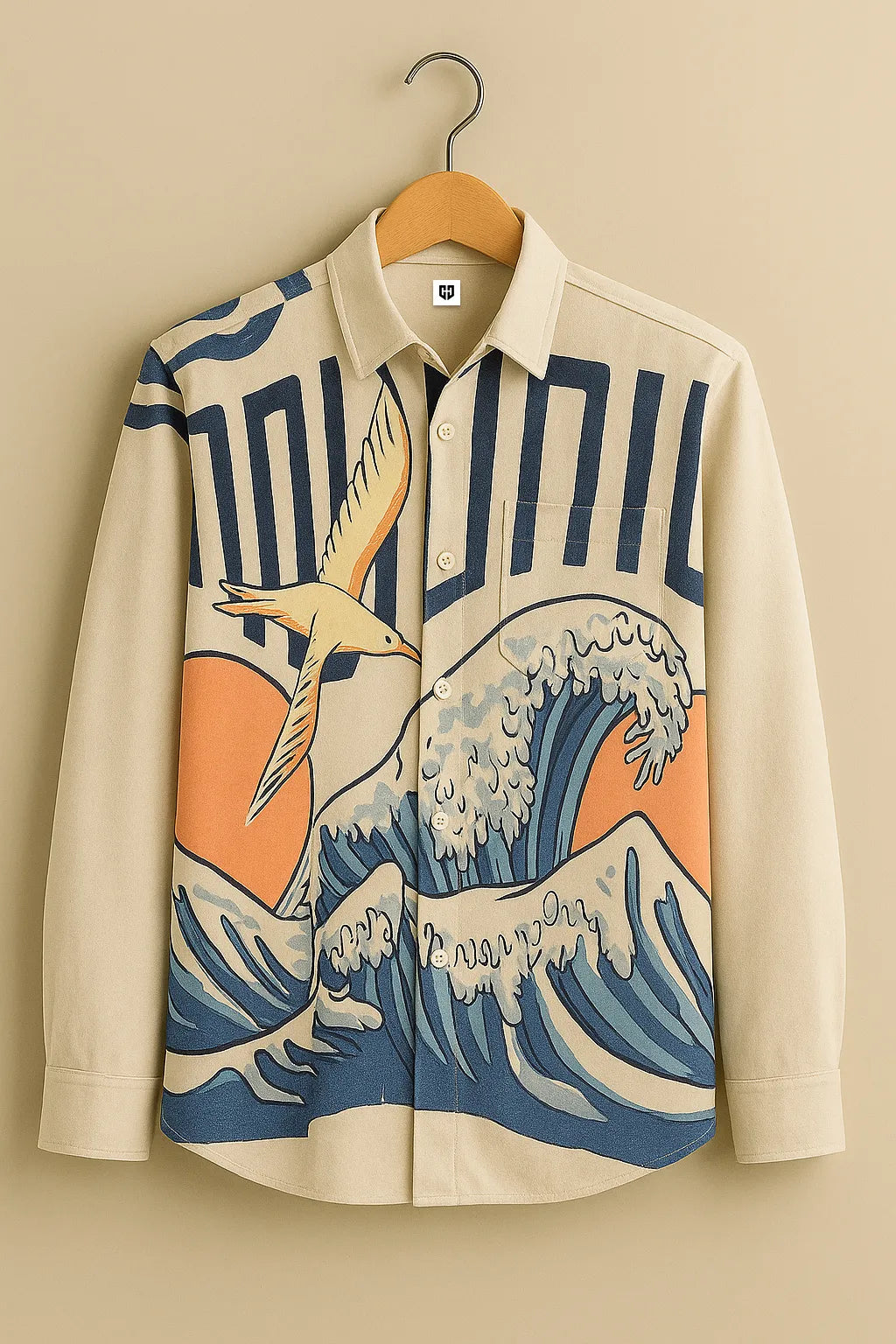 Men's Printed Cotton Shirt – Flying Seagull & Ocean Wave Graphic Design