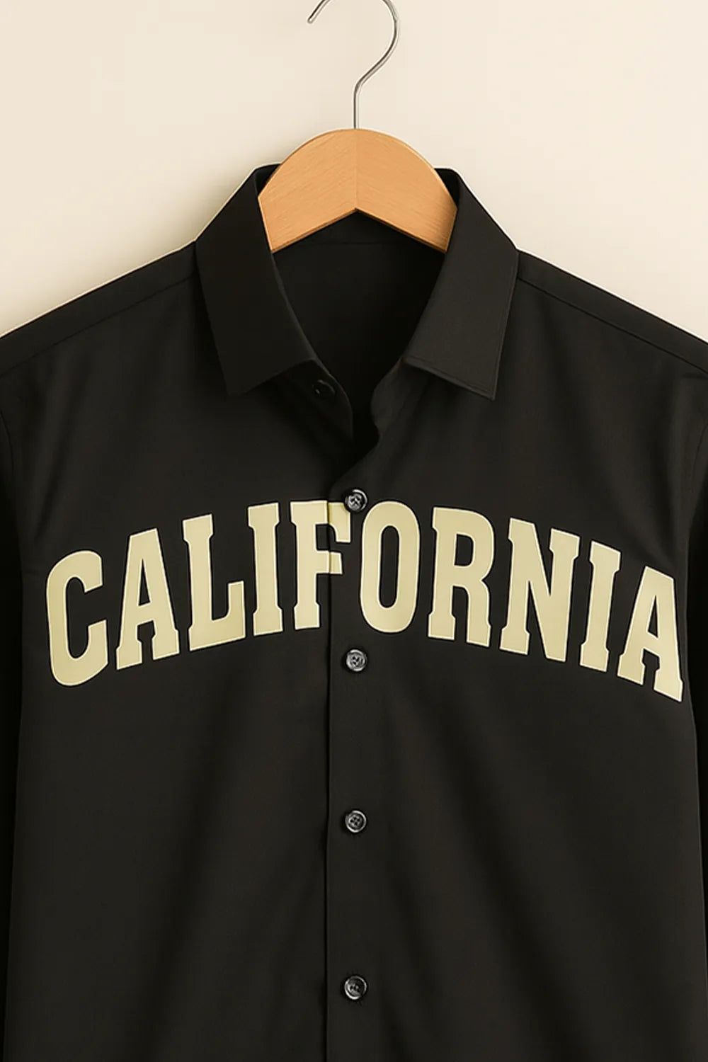 Men's Full Sleeve Cotton Shirt with 'California' Typography Casual Black Streetwear