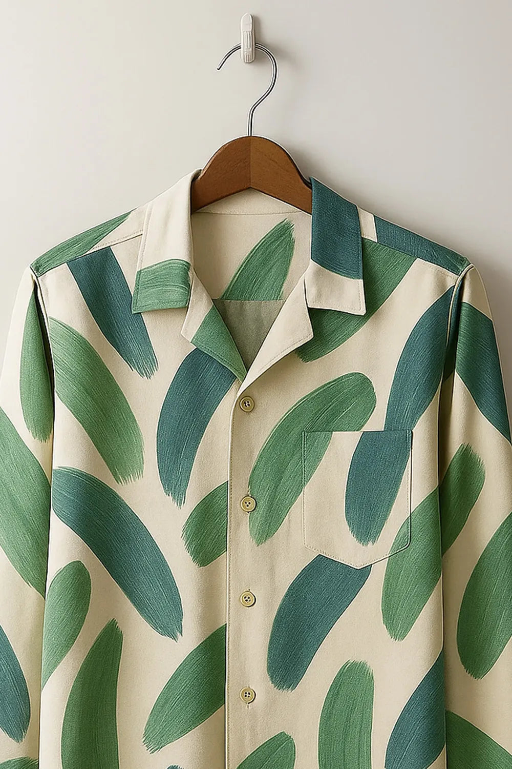 Men's Brushstroke Print Cotton Shirt in Green and Beige Full Sleeve
