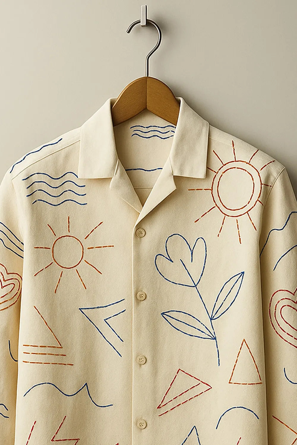 Men's Beige Cotton Full Sleeve Shirt with Unique Doodle Style Illustrations