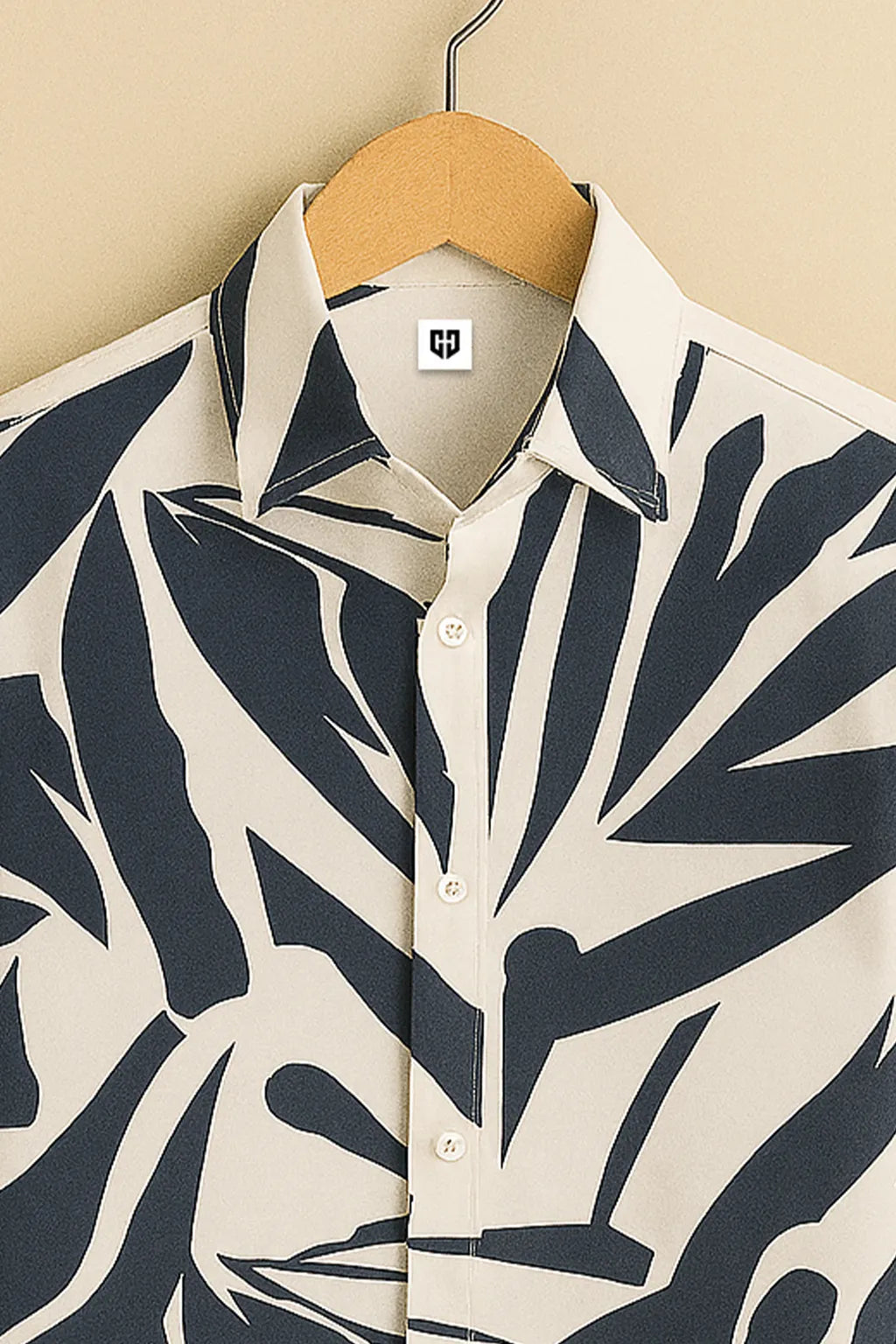 Men's Premium Shirt with Bold Navy Tropical Leaf Silhouette on Off-White