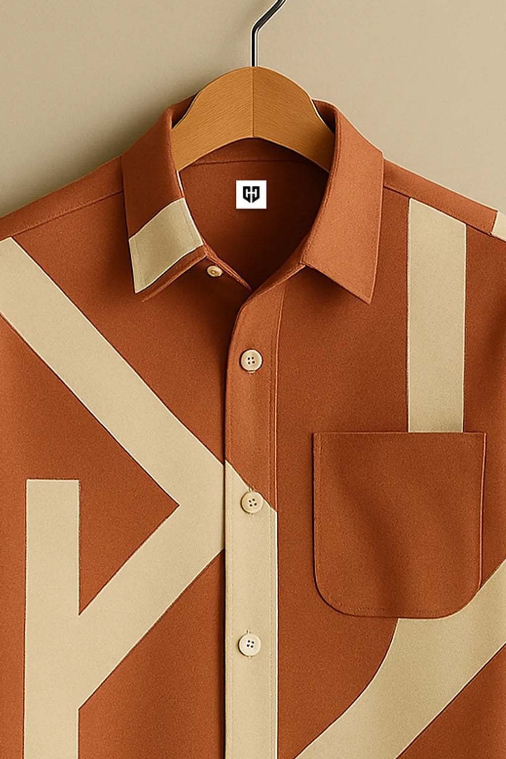 Men's Printed Cotton Shirt – Rust Brown with Abstract Geometric Stripes