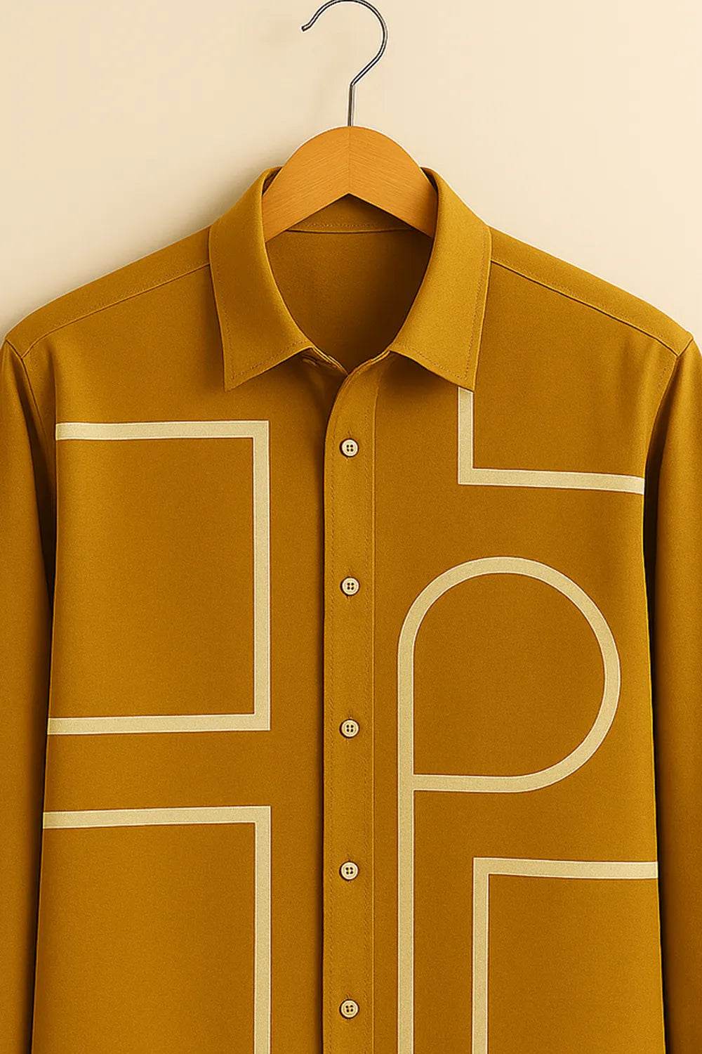 Men's Full Sleeve Cotton Shirt Featuring Bold Geometric Outline Pattern In Yellow Color
