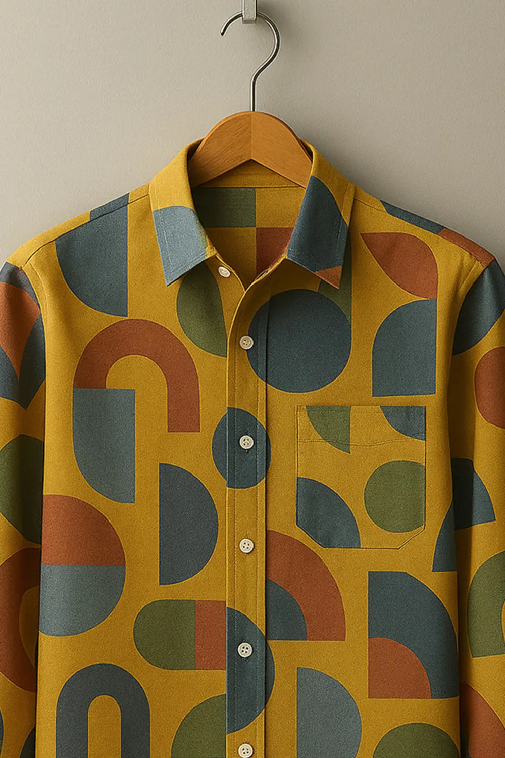 Men's Full Sleeve Cotton Shirt with Retro Yellow Geometric Print