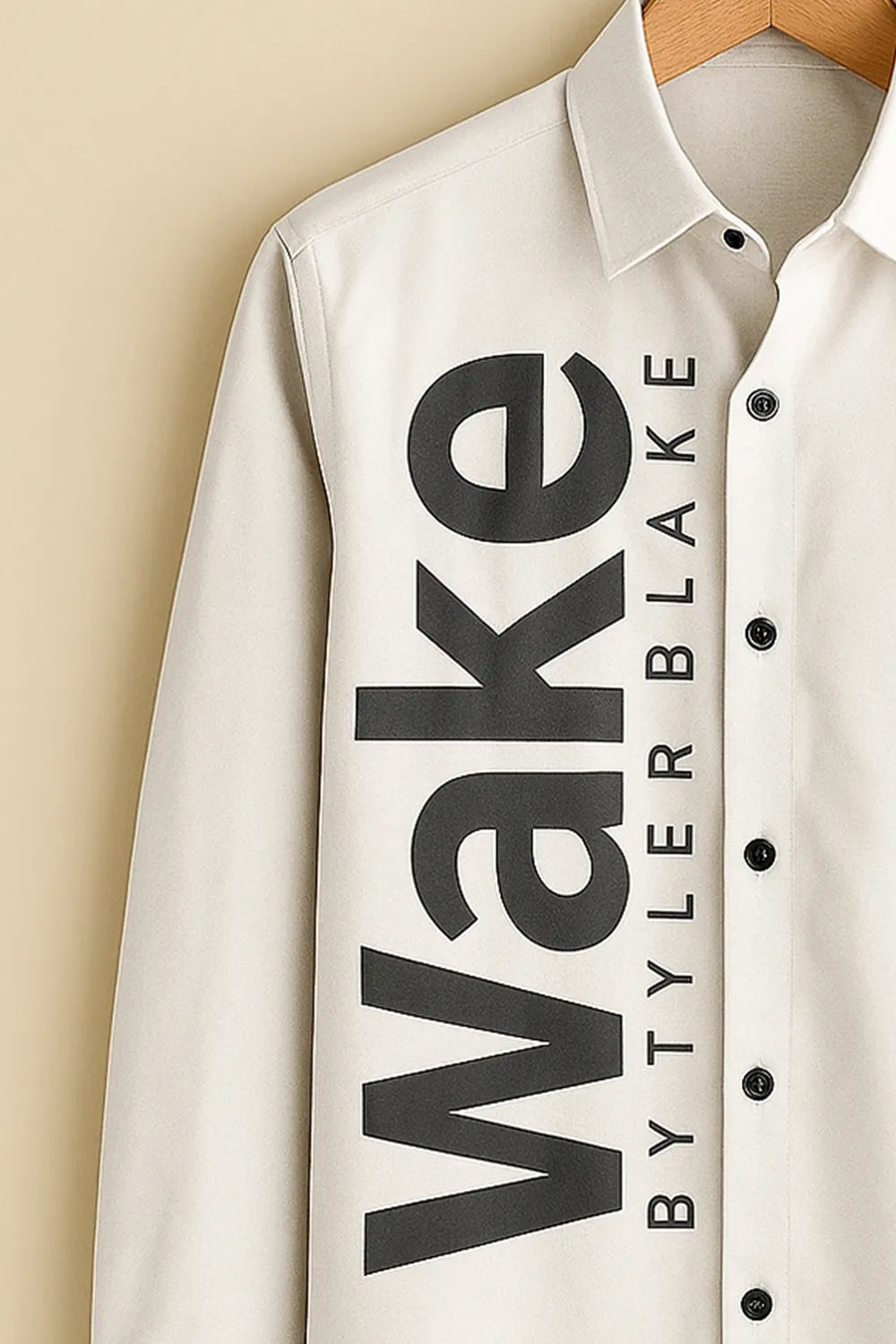 Men's Full Sleeve Cotton Shirt with Bold 'Wake by Tyler Blake' Typography