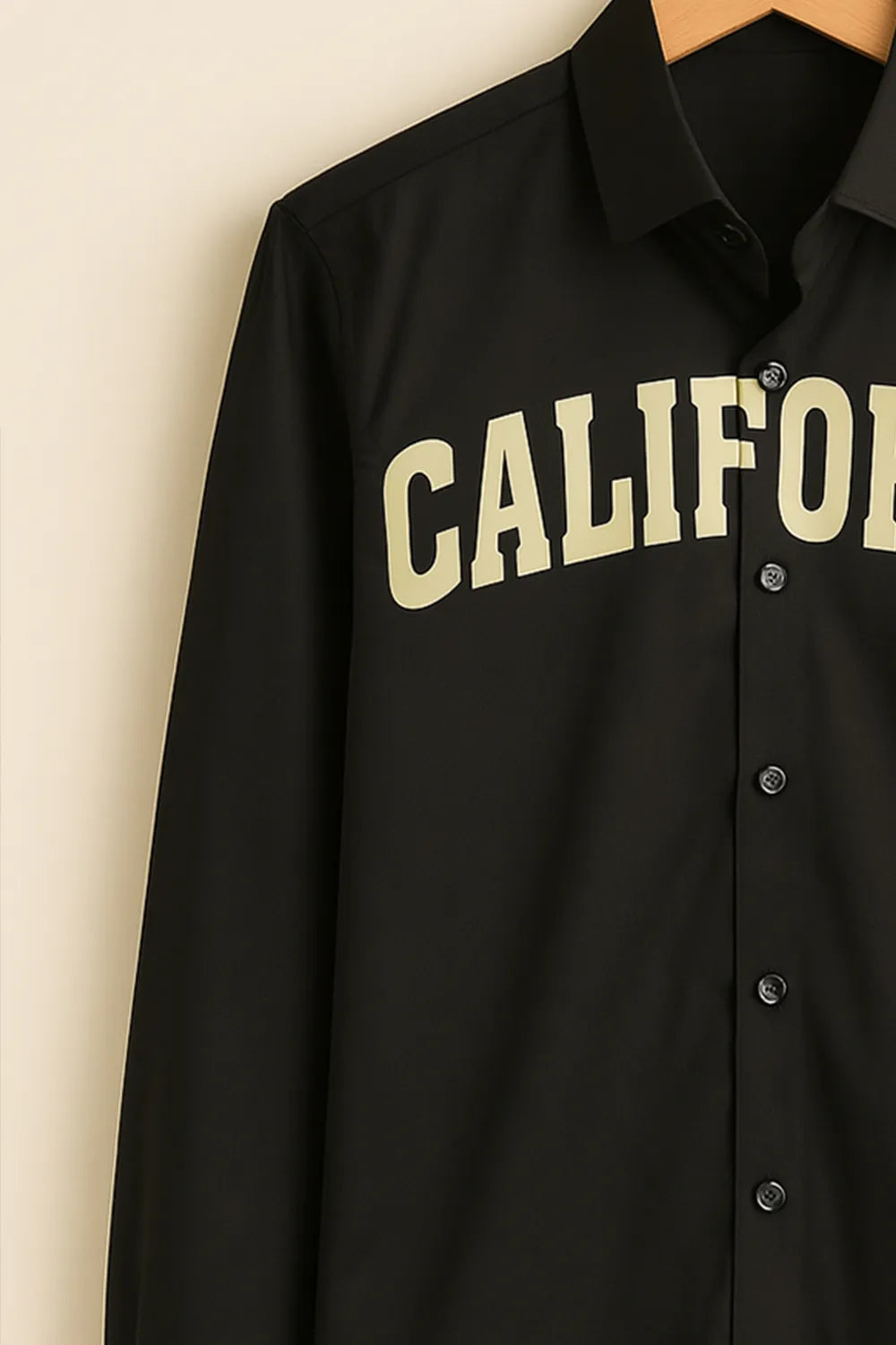 Men's Full Sleeve Cotton Shirt with 'California' Typography Casual Black Streetwear