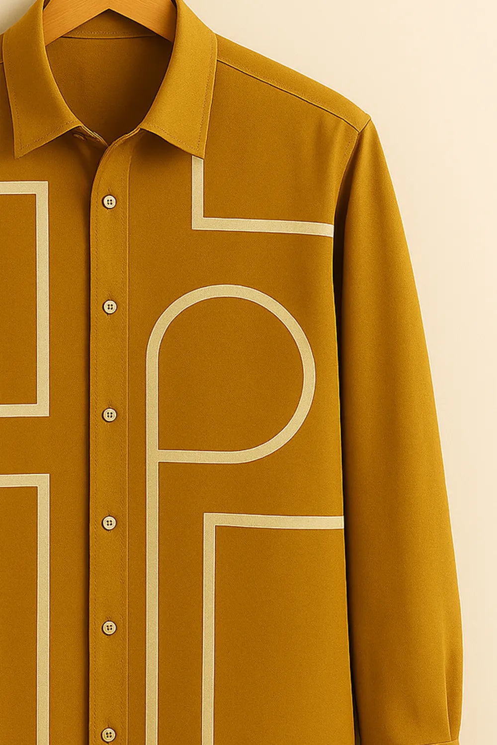 Men's Full Sleeve Cotton Shirt Featuring Bold Geometric Outline Pattern In Yellow Color