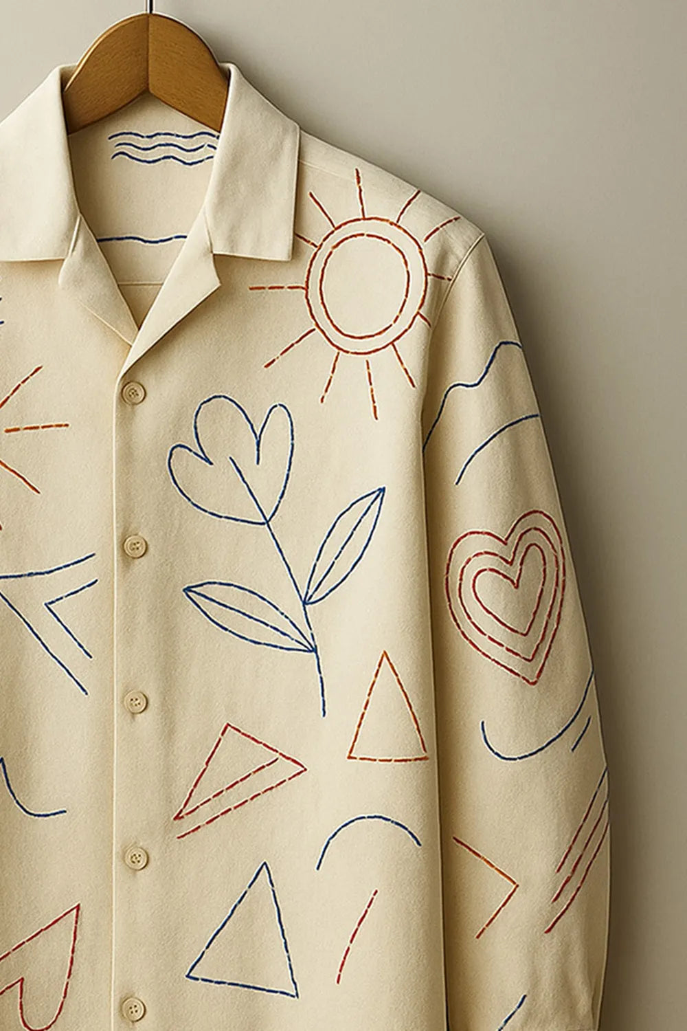 Men's Beige Cotton Full Sleeve Shirt with Unique Doodle Style Illustrations