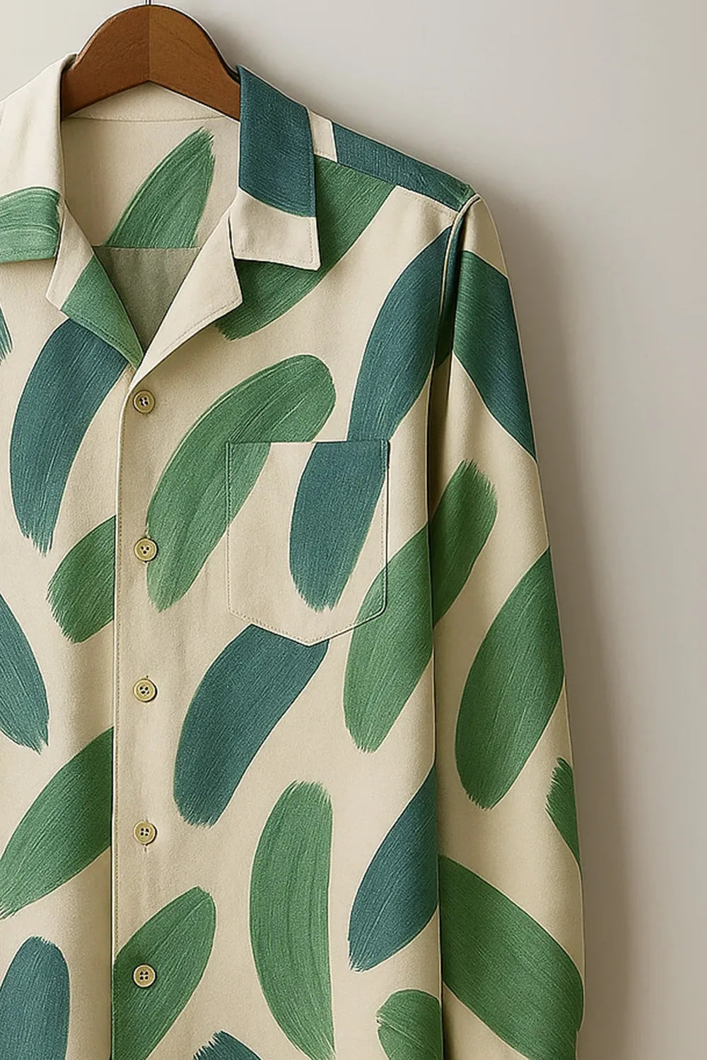 Men's Brushstroke Print Cotton Shirt in Green and Beige Full Sleeve