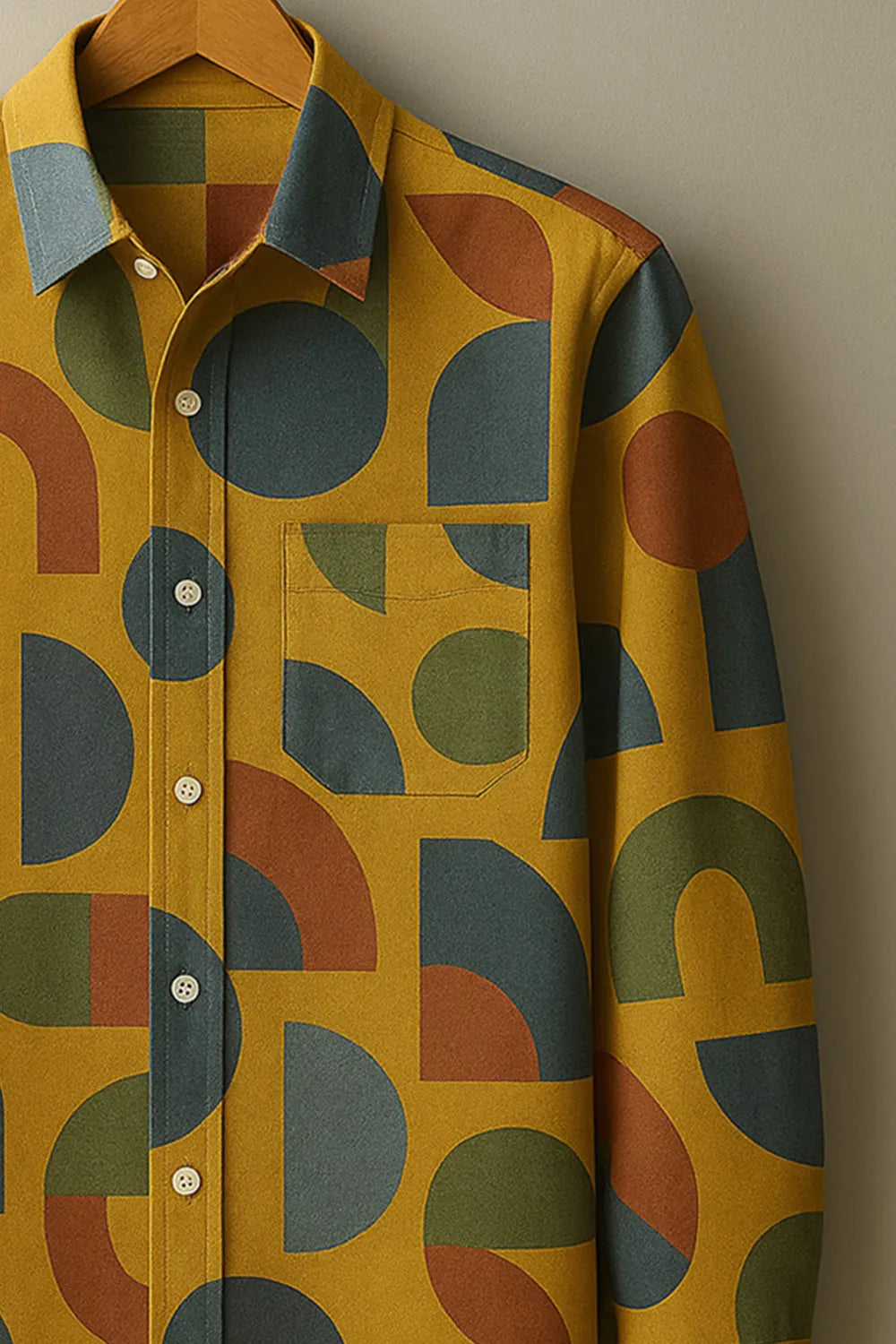Men's Full Sleeve Cotton Shirt with Retro Yellow Geometric Print